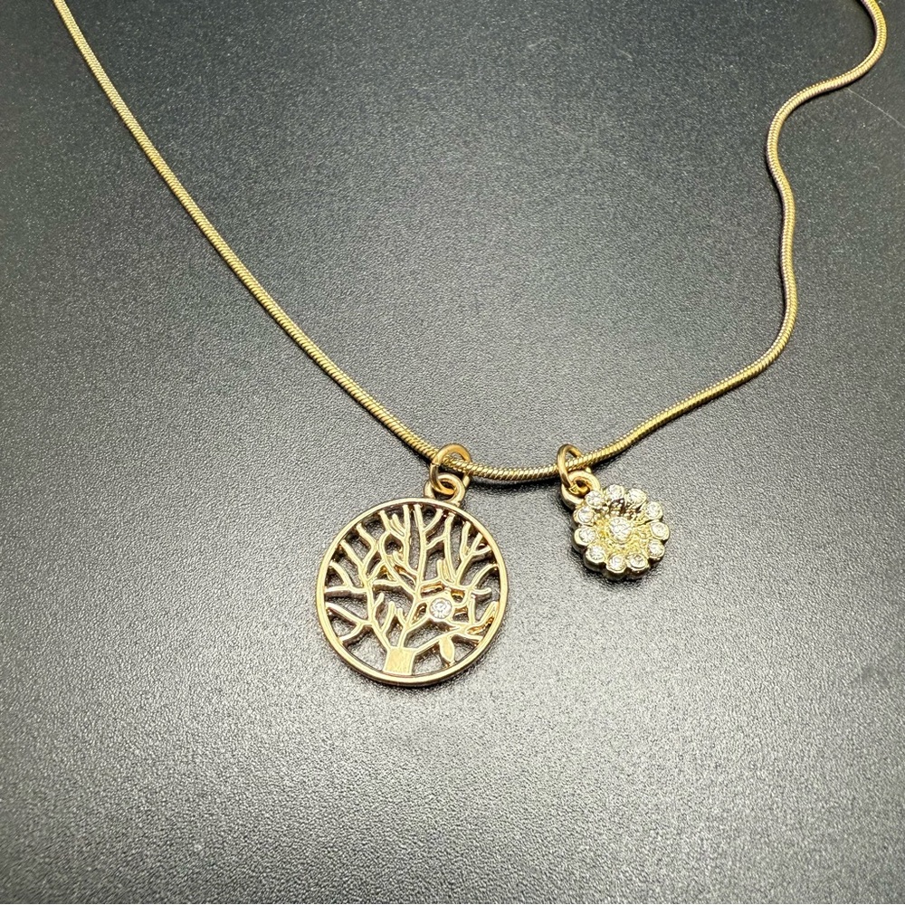 Graziano CN Gold Tone Family Tree Rhinestone Flower Pendant Necklace